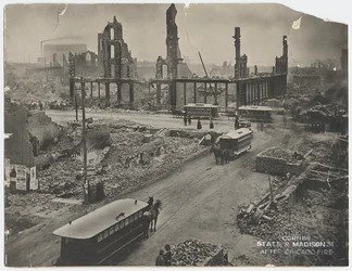 Ecke von State und Madison nach dem Chicago-Feuer von 1871, 1871